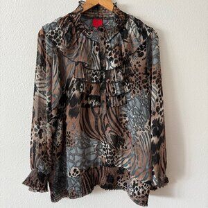 V Cristina Unique Sheer Animal Print Ruffled Blouse Size L
